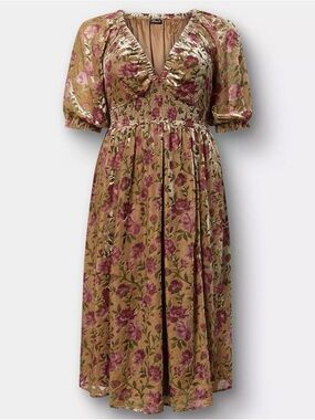 Torrid Gold and Pink Velvet Floral Puff-Sleeve Midi Dress